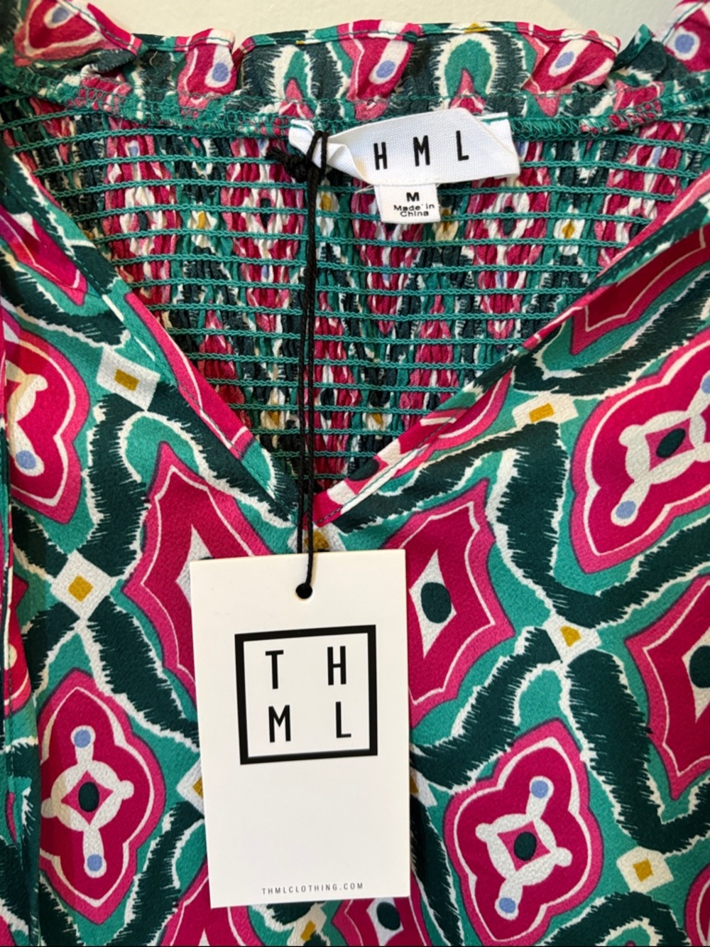THML Teal and Hot Pink Printed Ruffle-Neck Puff Sleeve Blouse - Picture 10 of 16